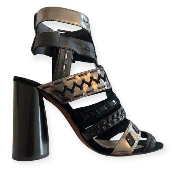 Donald J. Pliner Bindy Black Metallic Strapy Woven Gladiator Heeled Sandals - Picture 3 of 16